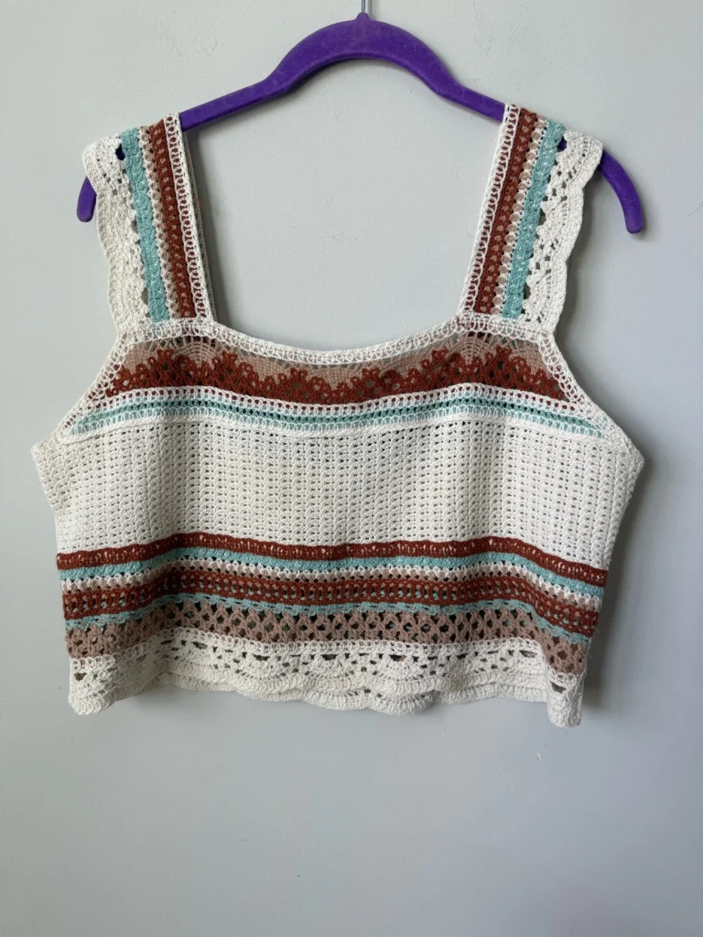 Rebellion cream Crochet boho striped Crop top size large - Picture 3 of 8